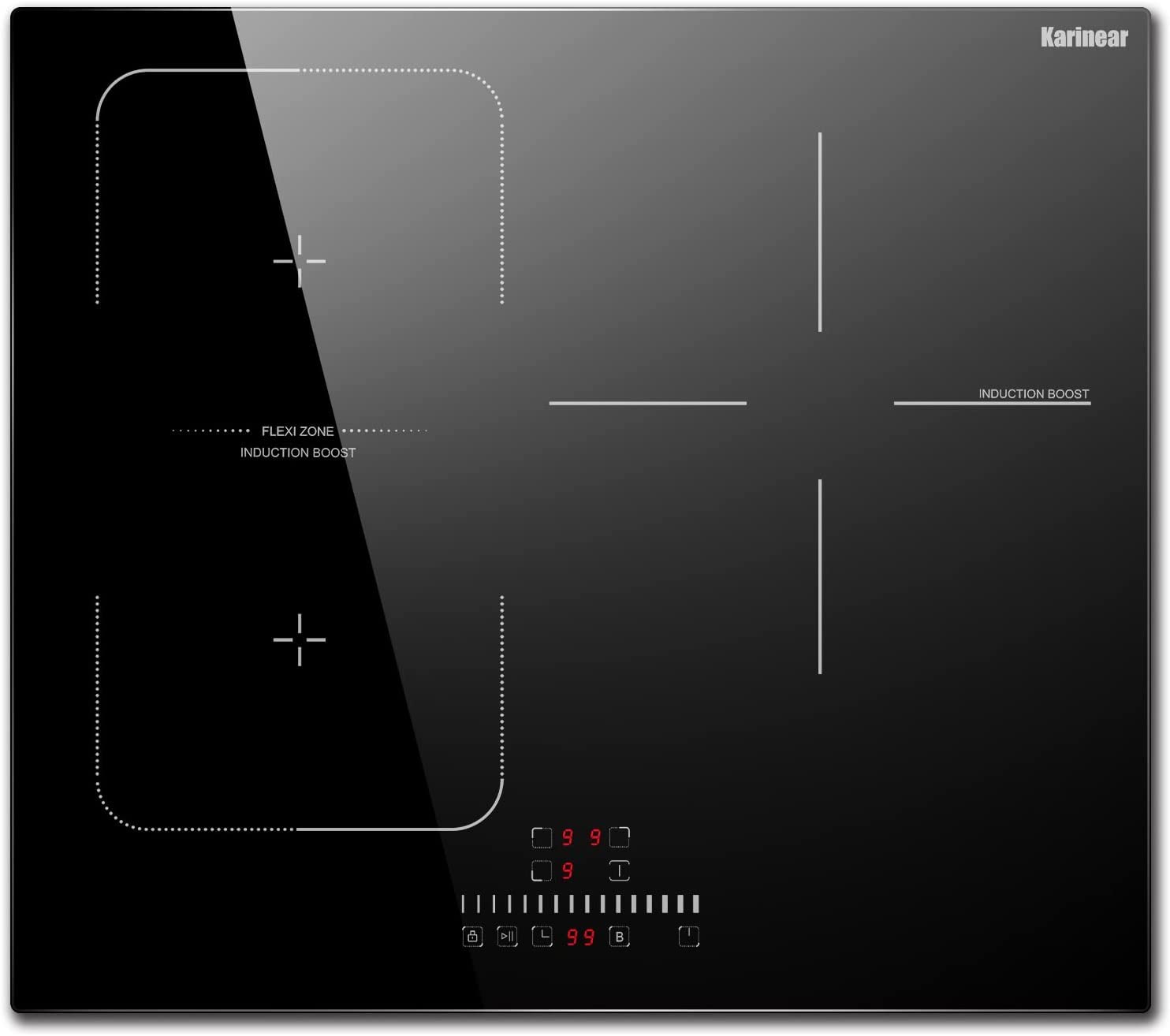 Жогорку view of the Karinear Induction Hob with four cooking zones and touch controls.