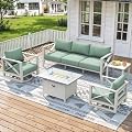 Aluminum Patio Furniture Set with Oversized Fire Pit Table, 7-Piece All-Weather Outdoor Conversation Set with Swivel Rocking Chairs, Oversized Modern Sofa for Backyard,Deck,Balcony–White