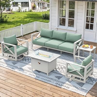 Aluminum Patio Furniture Set with Oversized Fire Pit Table, 7-Piece All-Weather Outdoor Conversation Set with Swivel Rocking Chairs, Oversized Modern Sofa for Backyard,Deck,Balcony–White