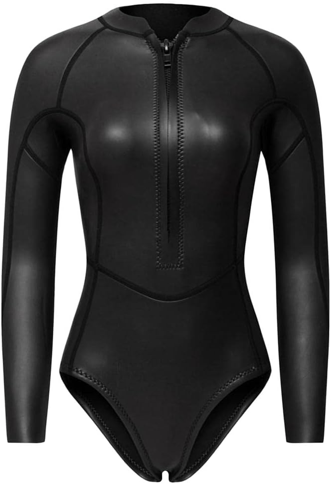 MERISHOPP™ Women Neoprene Sleeve Wetsuit Front Zip Diving Bikini Suit Black Glossy L|Sporting Goods|Water Sports|Wetsuits & Drysuits|Wetsuits|Women