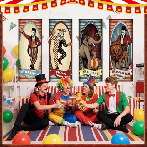 Image of Panelee 4 Pcs Vintage Carnival Circus Party Decorations Circus Clown Elephant Ringmaser Porch Banner Side Show Party Hanging Backdrop for Halloween Birthday Baby Shower Wall Indoor Outdoor Decor