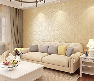 Wolpin Floral Damask Wallpaper 45x300 cm Beige Embossed Pattern Decorative Wall Sticker for Living Room Bedroom Home Interior DIY Self Adhesive PVC Décor Roll