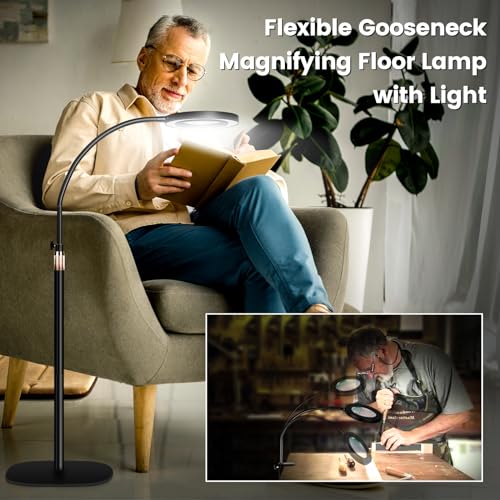 10X Magnifying Glass with Light and Stand,NUEYiO 3-Color Stepless Dimmable LED Magnifying Floor Lamp, 24\" Gooseneck Adjustable Swing Arm Lighted Magnifier Lamp with Clamp for Reading Craft Esthetican