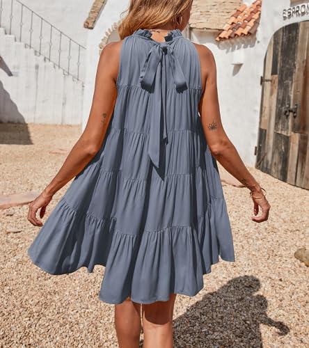 Okiwam Womens Summer Halter Dresses Sleeveless A Line Tiered Swing Mini 2025 Fall Casual Boho Beach Vacation Sundress