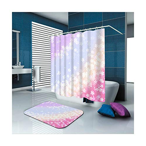 Duschvorhang+Badematte 2er Set Blume mit 12 Haken, Wasserdicht, Anti Schimmel, Umweltfreundlich, 3D Wasserwürfel Anti-Rutsch Bad Vorhang für