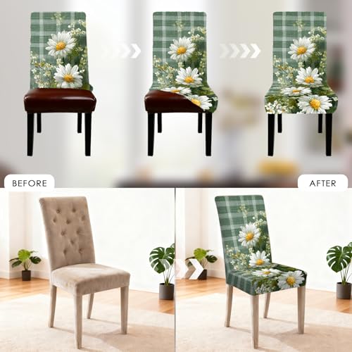 Image of Nuxovilar 6PCS Daisy Plaid Pattern Milk Silk Dining Seat Covers | Stretch Slipcover Retro Protector Floral Plaid Wrap Seat Guard Dining Room Kitchen Breakfast Nook (Daisy Plaid)