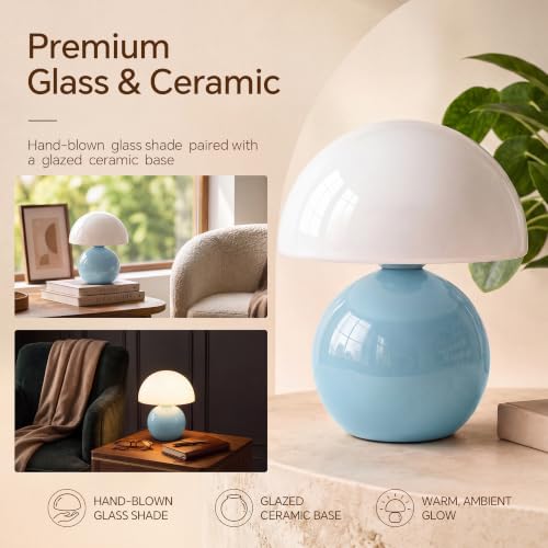 Image of Dawnwake Mushroom Lamp Table Lamp for Bedroom-Small Desk Table Lamps,Blue | 8.7 inch Mid Century Modern Table Lamps for Living Room Bedroom Decor,Cute Ceramic Lamps for Mushroom Home Room Decor,Glass Shade