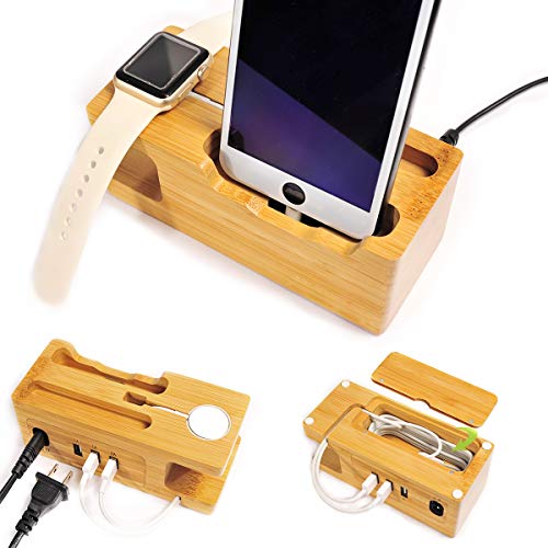 ZeroElec Charging Station and Dock 15W 3A 3-Port USB Bamboo Wood Charging Stand Compatible with Apple Watch 3/2/1 and All iPhones