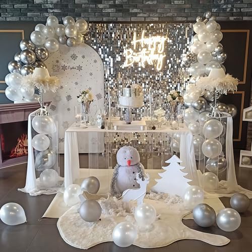 Image of Pearl White Winter Wonderland Balloons, 12 Inch Pearl Sand White and Metallic Silver Snowflakes Balloons for Ice Snow Wonderland Wedding Baby Shower Birthday Christmas New Year's Party Decorations