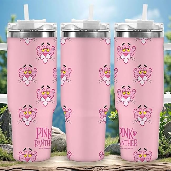 1pc 40oz Pink Panther Pattern Tumbler with Lid, Insulated Travel Mug, Gift for Women Men, Ideal for Halloween, Independence Day, Memorial Birthday Gift, Coffee Cup, weird stuff