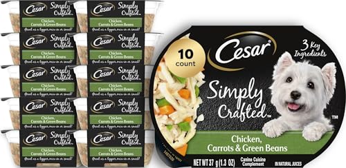 Image of Cesar Simply Crafted Dog Food Toppers, Chicken & Green Beans, 1.3 oz, 10 ct | Real chicken #1 ingredient, 3 key ingredients, no by-products or artificial flavors, slow-cooked, single-serve tubs