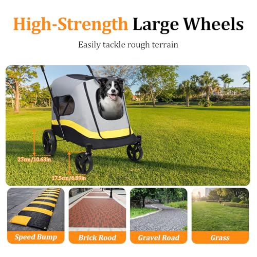BingoPaw Faltbarer Hundebuggy Große Hunde: Klappbar Hundewagen bis 42kg Hundetrolley mit Regenschutz, Sicherheitsgurt, 4 Rädern & 3 Netzfenstern, Transportwagen Jogger Buggy für Haustiere
