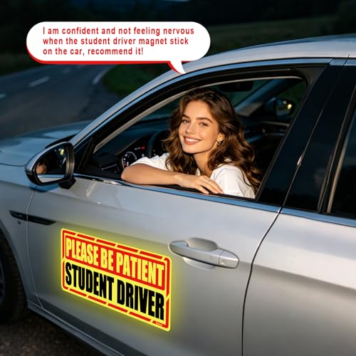 Image of Student Driver Car Magnet, 4 Pack Super Large Please Be Patient Student Driver Signs for Car, Reflective New Driver Vehicle Bumper Magnetic Sticker, Novice Driver Safety Warning Sign, 12x6in