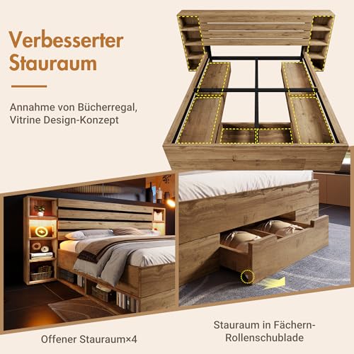 Doppelbett Massivholzbett 160×200, Stauraumbett Bettanlage mit LED-Beleuchtung und USB C Stauraum-Kopfteil und Schubladen, Bettgestell Lattenrost aus Holz, Eiche(Mit Matratze) – Bild 5