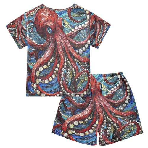 ALAZA Octopus Blue Red Fantasy Pajamas Set Short Sleeve Cotton Sleepwear Summer Pjs 2 Piece 5-14Y2