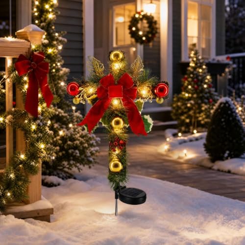Cross-shaped Solar Lights Outdoor with Bow, Solar Christmas Garden Lights - image 1