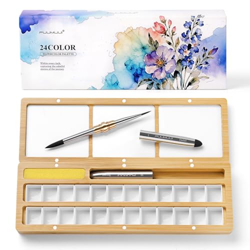 Fuumuui Watercolor Palette Box Burlywood Palette Kit with Cover 24 Empty Removable Half-pan Grids Dual Tip Travel Brushes for Watercolor Gouache Color Mixing Pure White Palette for Painting