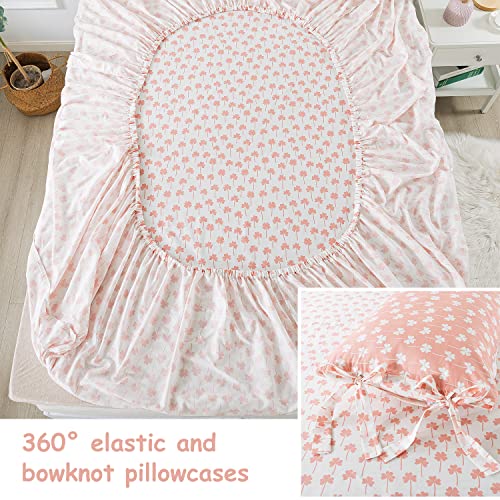 Fadfay Extra Deep Pocket Sheets Super Soft Cotton Botanical Leaf Pattern Pink White Bed Sheet Nature Farmhouse Bedding Luxury Clover Printed 18-23 Inches 4Pcs, Cal/California King #TOP2