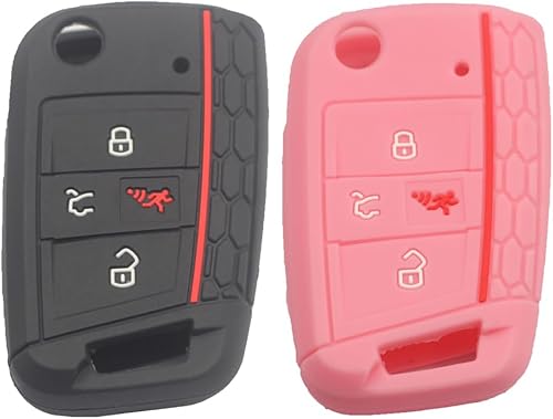 Funda protectora de goma de silicona con 4 botones, compatible con Volkswagen VW GTI Golf 2015 2016 2017 2018 2019 2020, negro y rosa