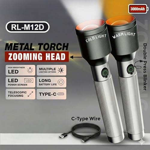 Image of RL-M12D 150W+150W with Warm & Cold Light Modes Metal Torch | 3000mAh Rechargeable LED Flashlight | Type-C Charging | Zooming Head | Long Range Telescopic Focus Torch for Outdoor & Home Use