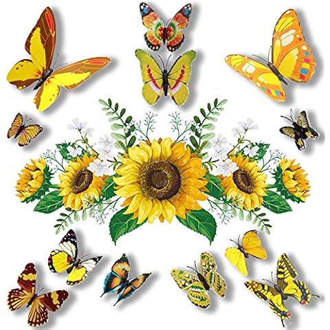 Sunflowers Wall Decal with 12 PCS 3D Colorful Butterfly Wall Stickers for Nursery Bedroom Bathroom Kitchen, Removable Yellow Flower Floral Mural DIY Wall Art Decor Home Decorations for Living Room Cover