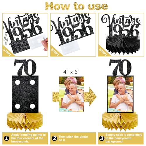 Image of Eucutur 8Pcs 70th Birthday Decorations Honeycomb Centerpieces for Women Men, Black Gold Vintage 1956 70th Bday Photo Table Centerpieces Party Supplies, Glitter Cheers to 70 Year Old Bday Table Topper