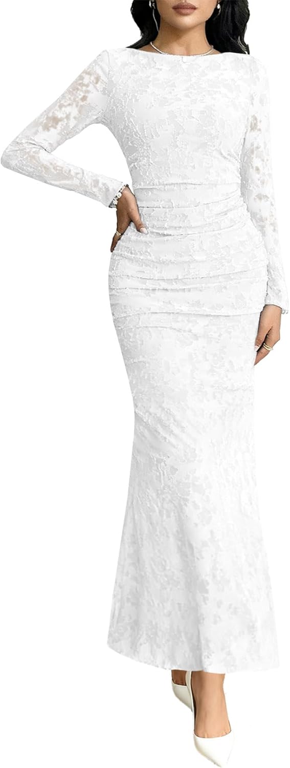 MITILLY Women's Formal Long Sleeve Dress Fall Elegant Floral Bodycon Ruched Cocktail Party Maxi Dresses