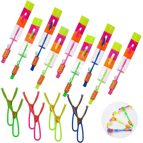 Rocket Slingshot Flying with LED Lights Glow The Dark Party,12 Launchers + 12 LED Helicopters,Slingshot Amazing Arrow Helicopter Glow Supplies for Kids (24 Pieces)