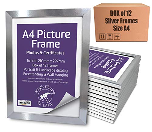 Marco de fotos tamaño A4, caja de 12 unidades, metacrilato frontal, marco de fotos y certificados, de pie y para colgar en la pared, vertical y horizontal, 29,7 x 21 cm