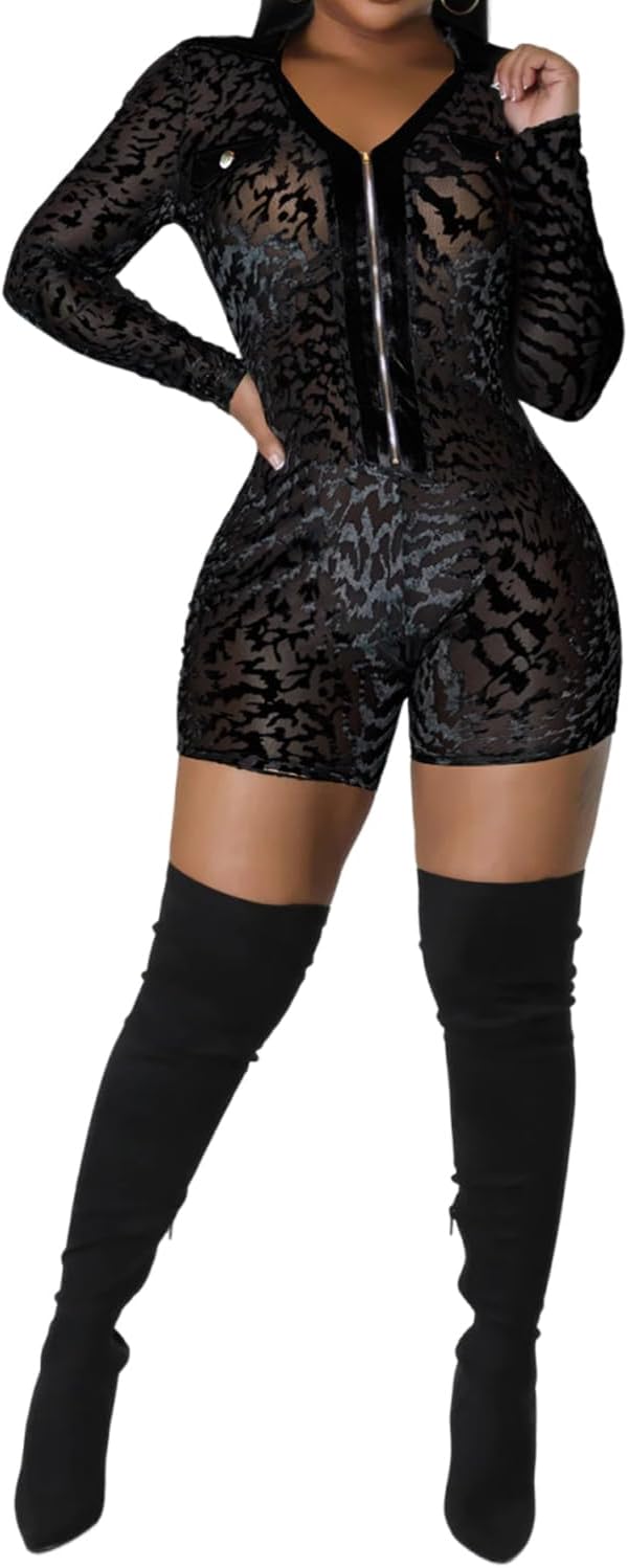 Uni Clau Women Sexy Mesh Patchwork Short Jumpsuit See Through V Neck Outfits Long Sleeve Velvet Club Bodycon Rompers