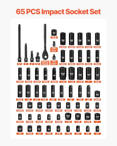Image of VEVOR 65-Piece 1 /2 inch Drive Impact Socket Set, SAE (3 /8 inch to 1-1 /4 inch) & Metric (10 to 24 mm), CR-V, Deep & Shallow, 6 Point, Ratchet Handle, Universal Joint, Adapters, Extension Bars (3, 5, 10 in)