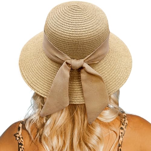 lifwimner Sombrero de Playa para Mujer, Sombrero de Sol de Paja Plegable ala Ancha, Sombrero de Verano con Visera para Plage Vacances Voyage (FR/ES, Letras, M, Khaki)