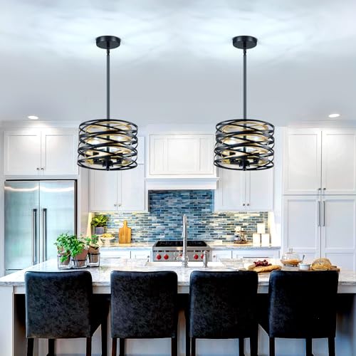 Image of 3- Light Chandeliers Industrial Metal Hanging Light Fixture 11 Inch Farmhouse Chandeliers for Dining Room Black and Gold Pendant Light for Entryway Kitchen Foyer Bedroom