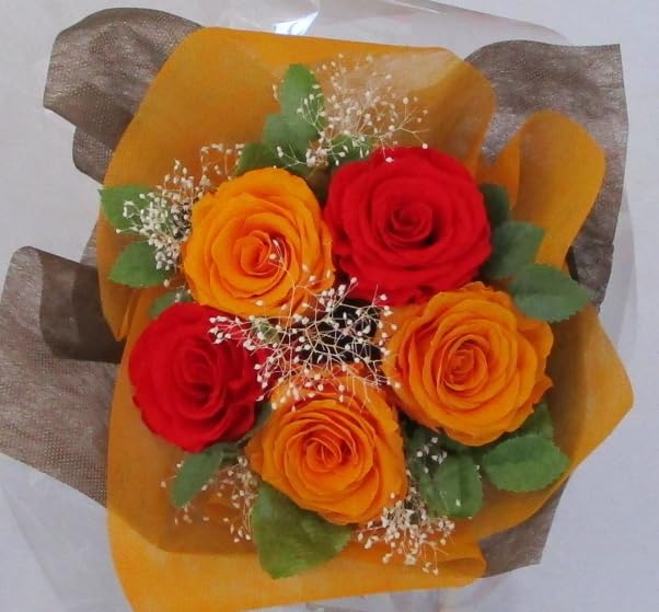 Amazon | 【プリザーブドフラワー 花束】オレンジ＆レッド花束（バラ5