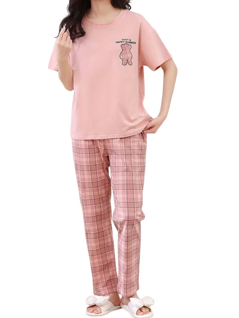 SHIENZY Women Korean Style Night Suit | Round Neck Short Sleeve Cute Printed Cotton Pajama Set for Girls & Women | Soft Nightwear, Lounge Wear, Sleepwear for Women | Co-ord Set(New-1695_PNK_S) Pink