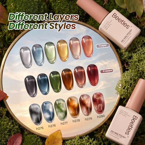 Image of Beetles Jelly Gel Nail Polish Set - Natural Coda 6 Colors Dark Gel Nail Polish Kit Brown Green Black Teal Burgundy Red Sheer Translucent Effect Soak off UV Blooming Nail Art DIY at Home Gift