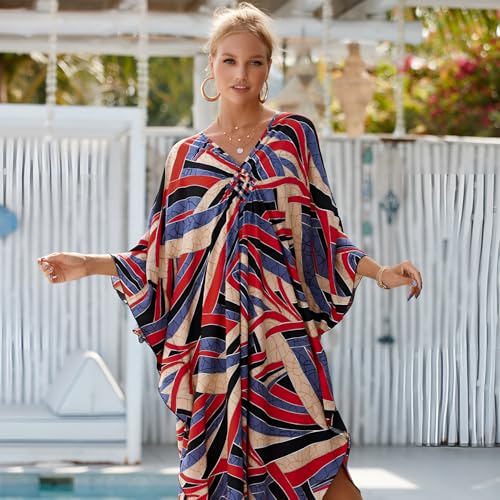Image of Miss Lavish London Long Kaftan Dress for Women - Summer Printed Plus Size Maxi Caftan, Swimwear Coverup, Lounge Party Dress, Hawaii Vacation Outfit