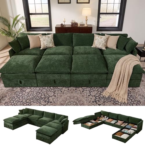 Image of Ihanherry 135 inch Oversized Sectional Sofa Bed with Storage, 8-Seater Modular Cloud Couch with Movable Ottomans, Chenille Deep Seat Sleeper Couches for Living Room (Green)