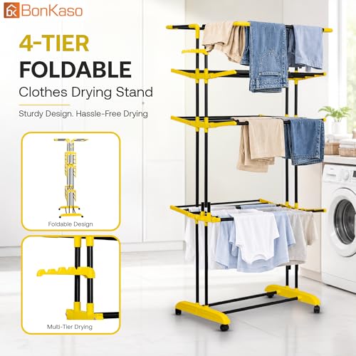 Image of BonKaso AirFold Max 4-Tier Double Pole Foldable Clothes Drying Stand, Portable Heavy Duty Alloy Steel Laundry Rack with 360 Wheels and 8 Hanger Slots, for Indoor and Outdoor Use, Black & Yellow