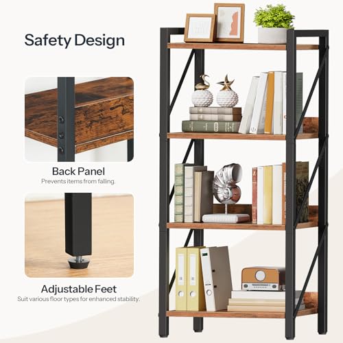 Image of HOOBRO Bookshelf, 4-Tier Industrial Bookcase, Book Shelf Storage Organizer, Small Bookshelf with Metal Frame for Living Room, Bedroom, Home Office, Kitchen, Rustic Brown and Black BF40SJ01