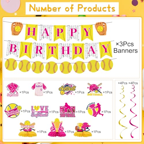 Image of Softball Birthday Party Decorations - Themed Happy Banner, Hanging Swirls, Honeycomb Centerpieces, Table Decor, Sports Party Supplies