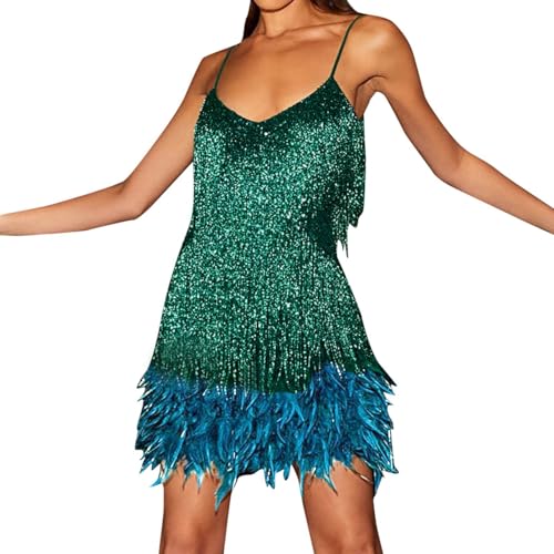 rtdgcv Robe de soirée pour femme avec double col en V profond - Robe sexy à franges - Avec pompon - Paillettes - Robe de plumes - Robe moulante élégante et...