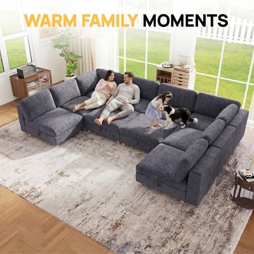 Image of 157 inch Modular Sectional Sleeper Sofa, 10 Seaters Chenille Modular Sectional Sofas, Sleeper Sofa Bed with Storage & Ottoman, Sleeper Couch with Removable Covers, Grey Sectional Couches for Living Room