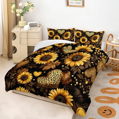 Image of Black Sunflowers Comforter Set Full for Girls Women Kids,Yellow Floral and Leopard Print Heart Pattern Bedding Set,3-Pieces Soft Microfiber Botanical Quilt Set for Bedroom Decor