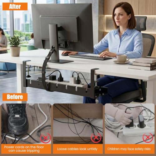 Image of Dyazo Under Desk Cable Management Tray | Adjustable 28.5-55 CM Metal Cable Organizer Rack | No-Drill Wire Management Shelf for Power Strip, Extension Board, Router, Network & Charging Cables (Black)