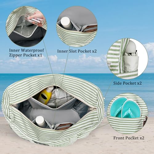 Image of LEDAOU Large Beach Bag Women Waterproof Sandproof Zipper Beach Tote Pool Bag for Swim Gym Grocery Travel with Wet Pocket