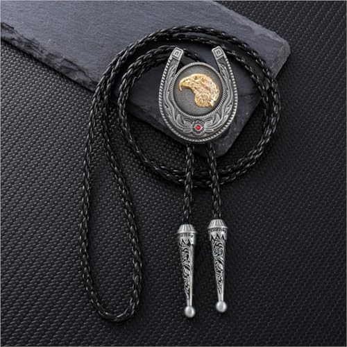 Image of Bolo Tie for Men Women Cowboy Turquoise Celtic Natural Tiger Eye Stone Longhorn Bull Western Leather Bolo Necktie
