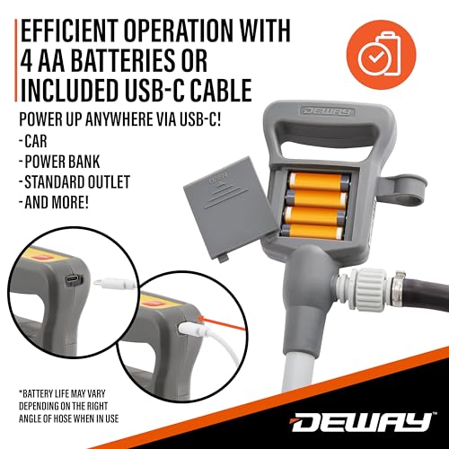 Deway Automatic Fuel Transfer Pump with Auto-Stop and Beep, Powerful AA Battery Powered with USB-C Power Option, 51\" Extra Long Hose Fits All Size Cans, Portable Pump Transfers at 3.8 Gal/Minute