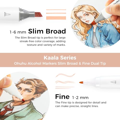 Image of Ohuhu Alcohol Markers Skin Tone Marker Slim Broad and Fine Double Tipped Alcohol-based Marker Set for Artists Adults Coloring Professional Illustration, 24 Portrait Colors Markers Refillable