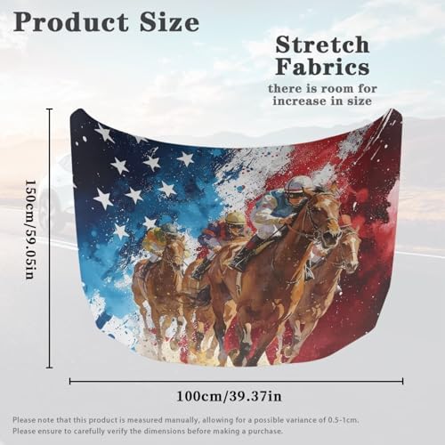 Image of Car Hood Cover Stretchable Auto Hoods Wraps Waterproof American Flag Horse Racing Auto Exterior Accessories for Compact Sedans SUVs Trucks Minivans (59x39 Inch)
